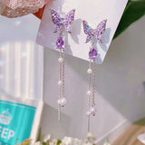 925 Silver Butterfly Tassel Earrings Crystal Purple Micro-Inlaid Diamond