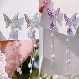 925 Silver Butterfly Tassel Earrings Crystal Purple Micro-Inlaid Diamond
