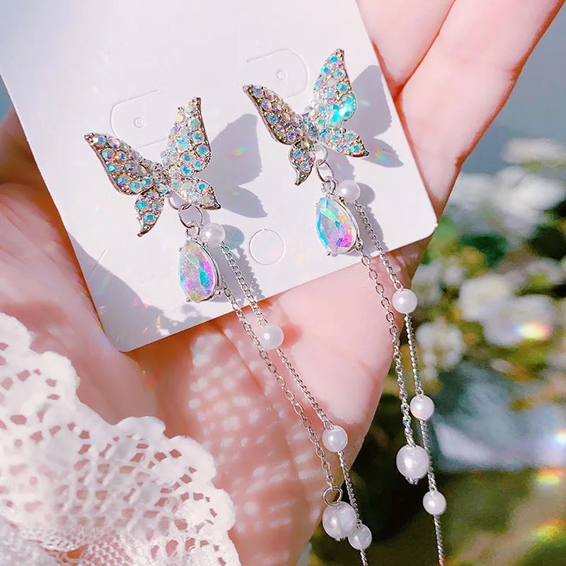 925 Silver Butterfly Tassel Earrings Crystal Purple Micro-Inlaid Diamond