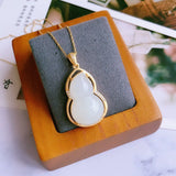 925 Silver Hetian Chalcedony Gourd Pendant Necklace Chinese Palace Charm Jewelry