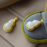 925 Silver Hetian Chalcedony Gourd Pendant Necklace Chinese Palace Charm Jewelry