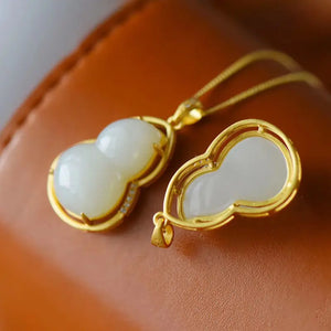 925 Silver Hetian Chalcedony Gourd Pendant Necklace Chinese Palace Charm Jewelry