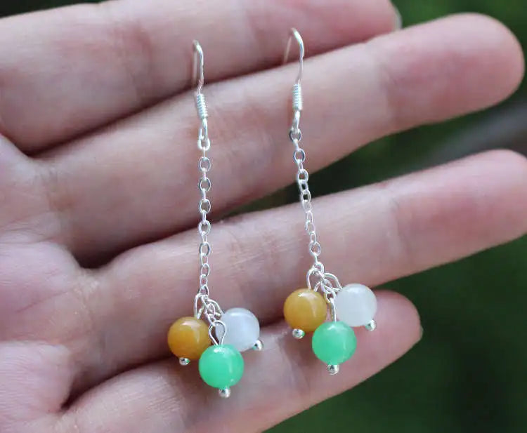 925 Silver Natural Water Jade Inlaid Long Earrings