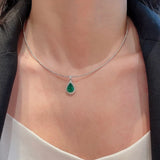 925 Silver Diamond Emerald Water Drop Necklace Pendant