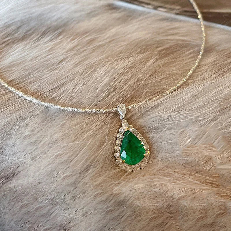 925 Silver Diamond Emerald Water Drop Necklace Pendant