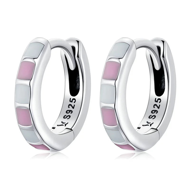 925 Silver Plaid Earrings Light Pink Enamel Drop Earrings