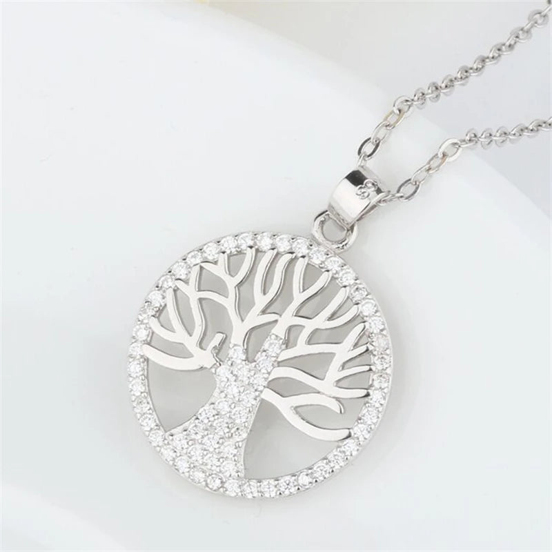 925 Silver Life Tree Pendant Diamond-Studded Necklace