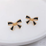 925 Silver Pearl Bow Stud Earrings 14K Wrapped Zircon DIY Temperament Light