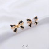 925 Silver Pearl Bow Stud Earrings 14K Wrapped Zircon DIY Temperament Light