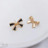 925 Silver Pearl Bow Stud Earrings 14K Wrapped Zircon DIY Temperament Light