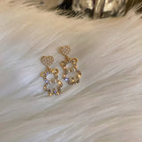 Korean 925 Silver Pearl Rhinestone Bear Heart Earrings