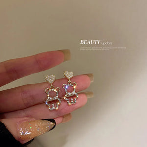 Korean 925 Silver Pearl Rhinestone Bear Heart Earrings