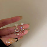 Korean 925 Silver Pearl Rhinestone Bear Heart Earrings