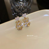 Korean 925 Silver Pearl Rhinestone Bear Heart Earrings
