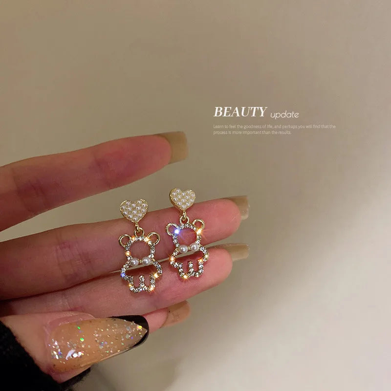 Korean 925 Silver Pearl Rhinestone Bear Heart Earrings