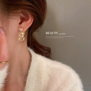 Korean 925 Silver Pearl Rhinestone Bear Heart Earrings