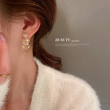 Korean 925 Silver Pearl Rhinestone Bear Heart Earrings