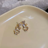 Korean 925 Silver Pearl Rhinestone Bear Heart Earrings