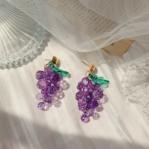 925 Silver Needle Crystal Grape Earrings Long Drop