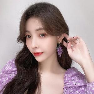 925 Silver Needle Crystal Grape Earrings Long Drop