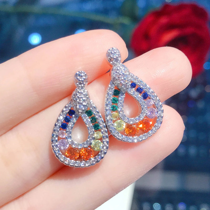 925 Silver Colorful Tourmaline Earrings with Diamond Water Droplets