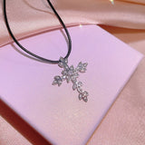 925 Silver Diamond Cross Pendant Necklace Leaf Shape Jewelry