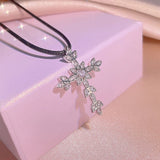 925 Silver Diamond Cross Pendant Necklace Leaf Shape Jewelry