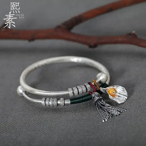 925 Silver Retro Tassel Palace Bell Pendant Bracelet