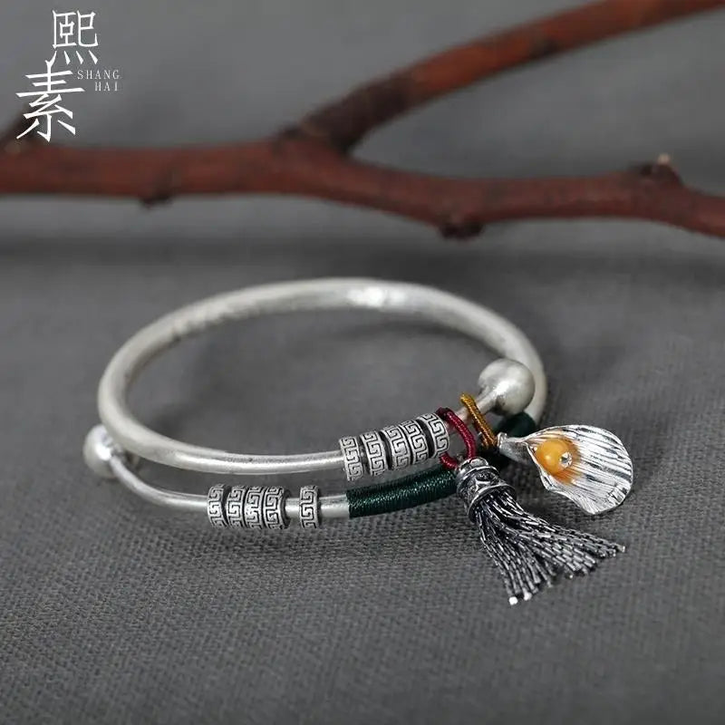 925 Silver Retro Tassel Palace Bell Pendant Bracelet