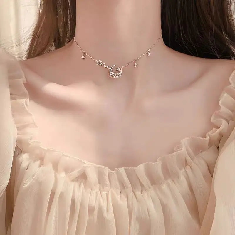 925 Silver Choker Clavicle Chain Ins Necklace with Rhinestone Moon Jewelry