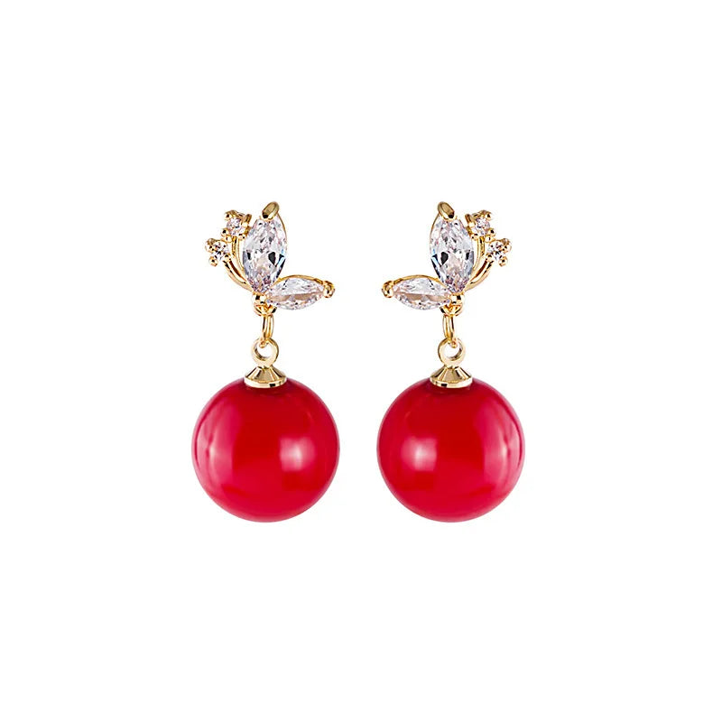925 Silver Zircon Red Pearl Earrings