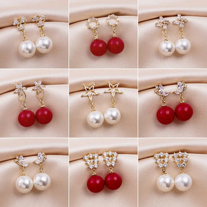 925 Silver Zircon Red Pearl Earrings