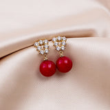 925 Silver Zircon Red Pearl Earrings