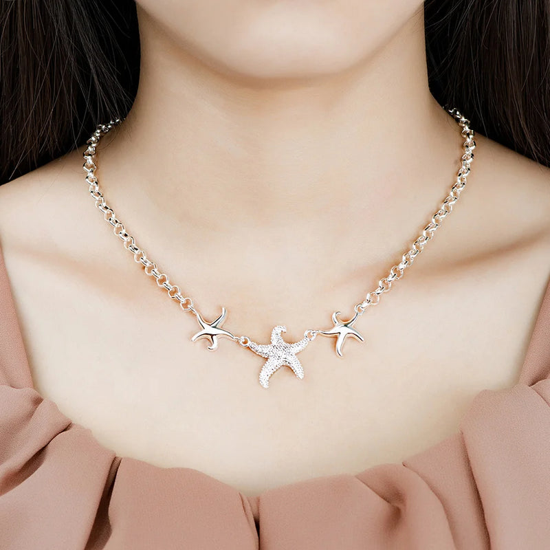 925 Silver Starfish Pendant Necklace For Women Party Wedding Jewelry