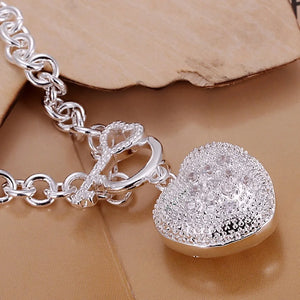 925 Silver Bracelet Women 8in Valentine Heart Inlaid Stone Romantic Jewelry