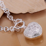 925 Silver Bracelet Women 8in Valentine Heart Inlaid Stone Romantic Jewelry