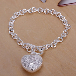 925 Silver Bracelet Women 8in Valentine Heart Inlaid Stone Romantic Jewelry