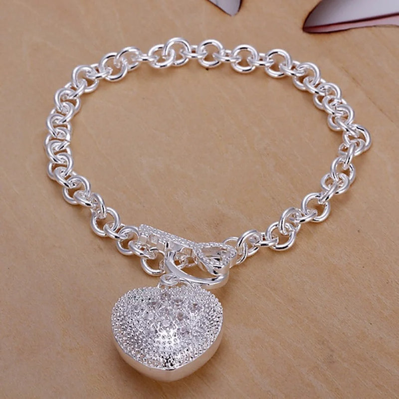925 Silver Bracelet Women 8in Valentine Heart Inlaid Stone Romantic Jewelry