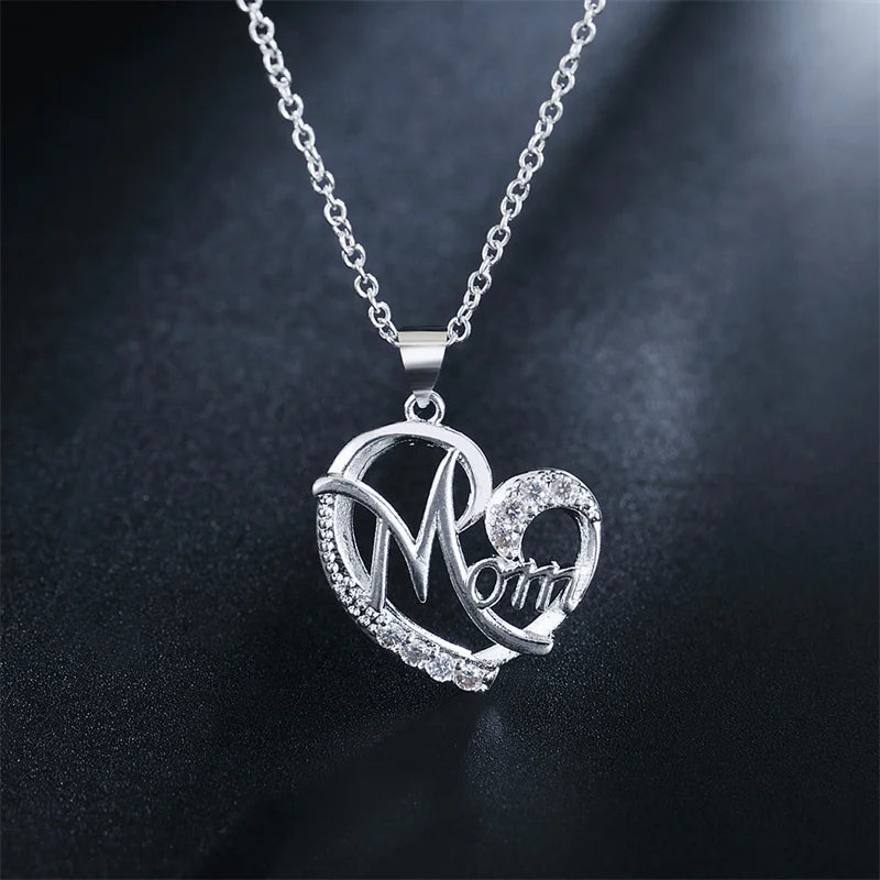 925 Silver MOM Heart Pendant Necklace AAA Zircon Women Wedding Jewelry