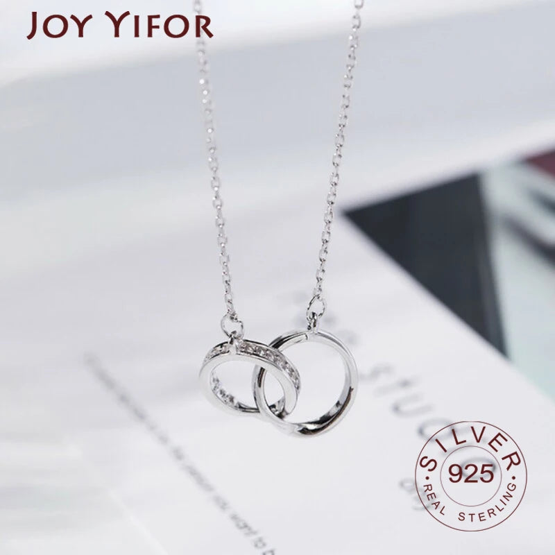 925 Sterling Silver Double Circle CZ Necklaces for Women