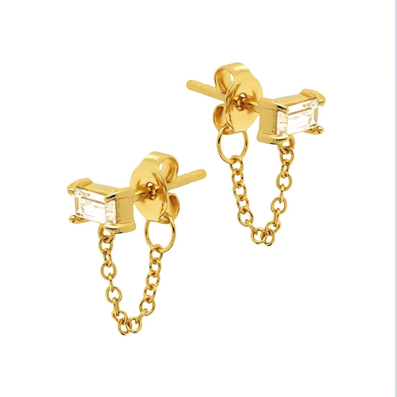 925 Silver Star Moon Crystal Chain Stud Earrings for Women Piercing