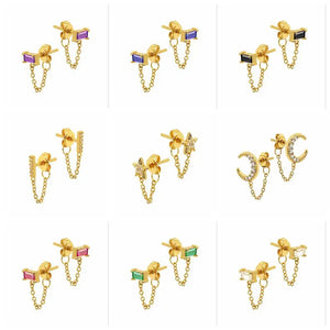 925 Silver Star Moon Crystal Chain Stud Earrings for Women Piercing