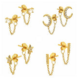925 Silver Star Moon Crystal Chain Stud Earrings for Women Piercing