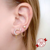 925 Silver Star Moon Crystal Chain Stud Earrings for Women Piercing