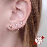 925 Silver Star Moon Crystal Chain Stud Earrings for Women Piercing