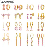 925 Silver Ear Needle Pink Zircon Earrings Water Drop/Star/Geometric Hoop