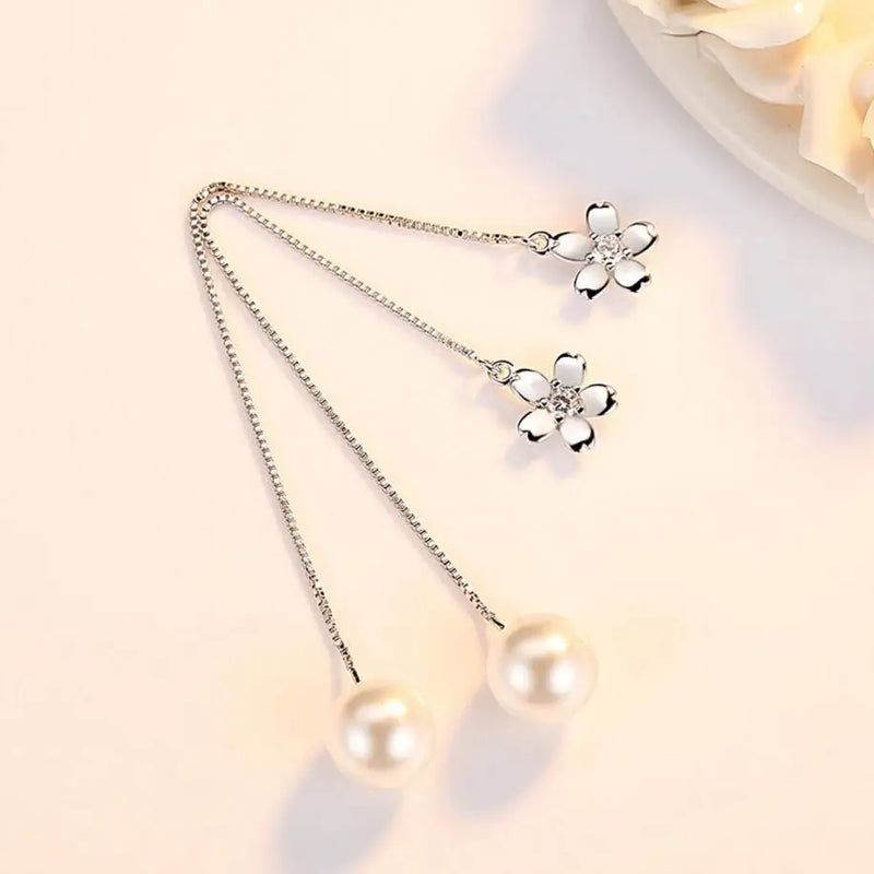 925 Silver Zirconia Cherry Pearl Tassel Earrings