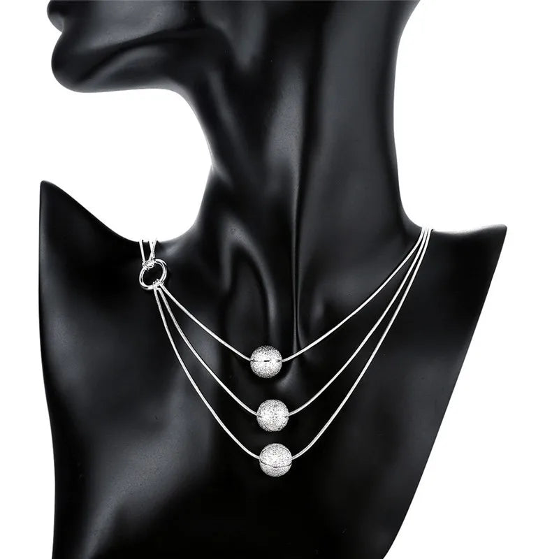 925 Silver Frosted Beads Pendant Necklace Women Party Wedding Jewelry