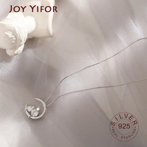 925 Silver Zircon Moon Cat Necklace Pendant Women's Clavicle Chain Jewelry
