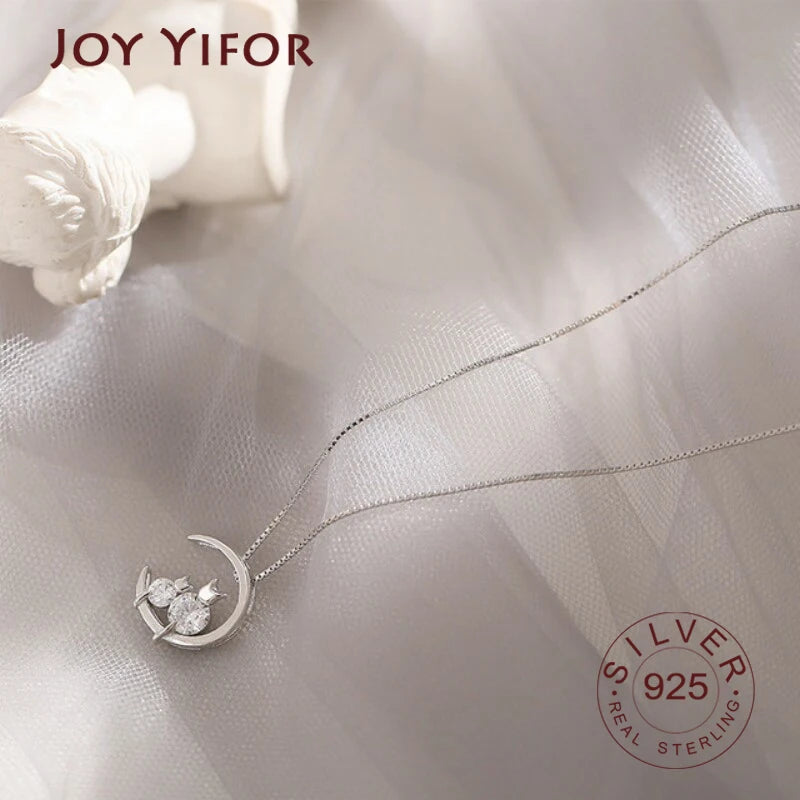 925 Silver Zircon Moon Cat Necklace Pendant Women's Clavicle Chain Jewelry